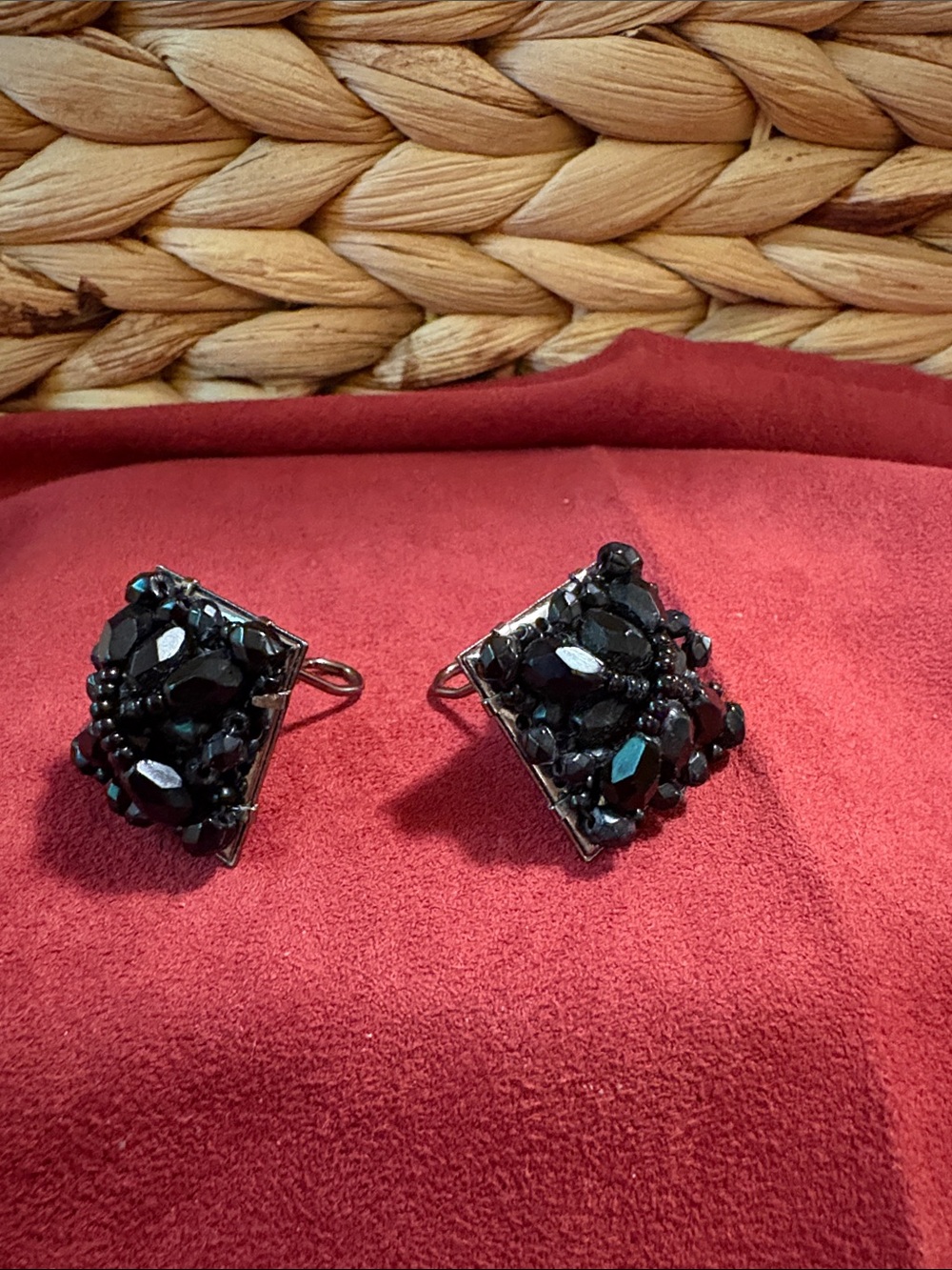 Black Beaded Square Clip-On Earrings - Women Jewelry